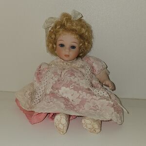 Porcelain Doll with Pink Lace Dress